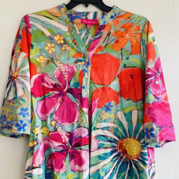 CLAIRE DESJARDINS Shirt Dress Tab Sleeve Abstract Floral Popover Bamboo Blend XL - Picture 2 of 14